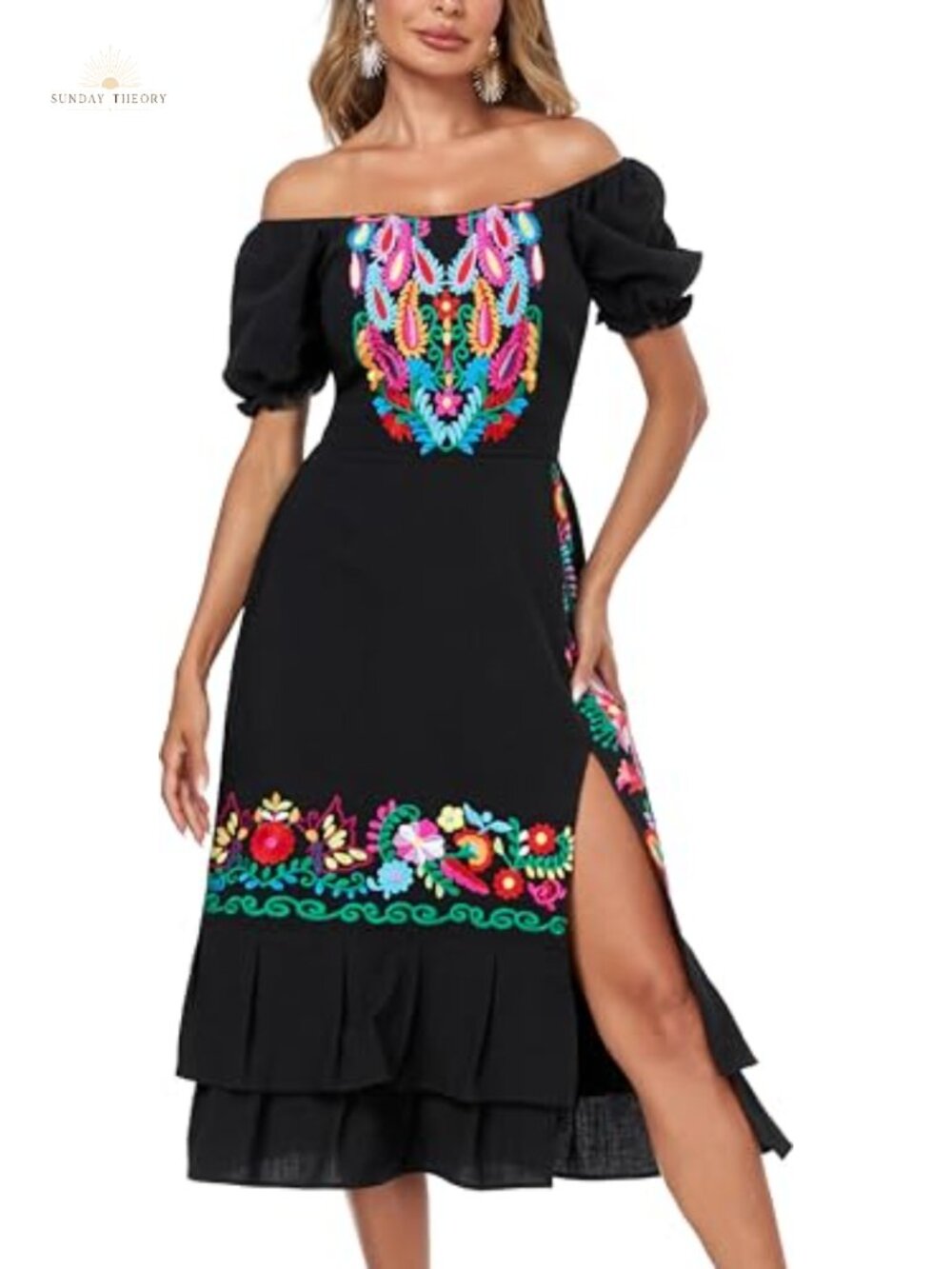 Women's Cotton Embroidered Midi Dress Puff Sleeve Boho Sundress